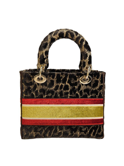 Christian Dior Brown Velvet Medium Mizza Leopard Embroidered Lady D-Lite Tote