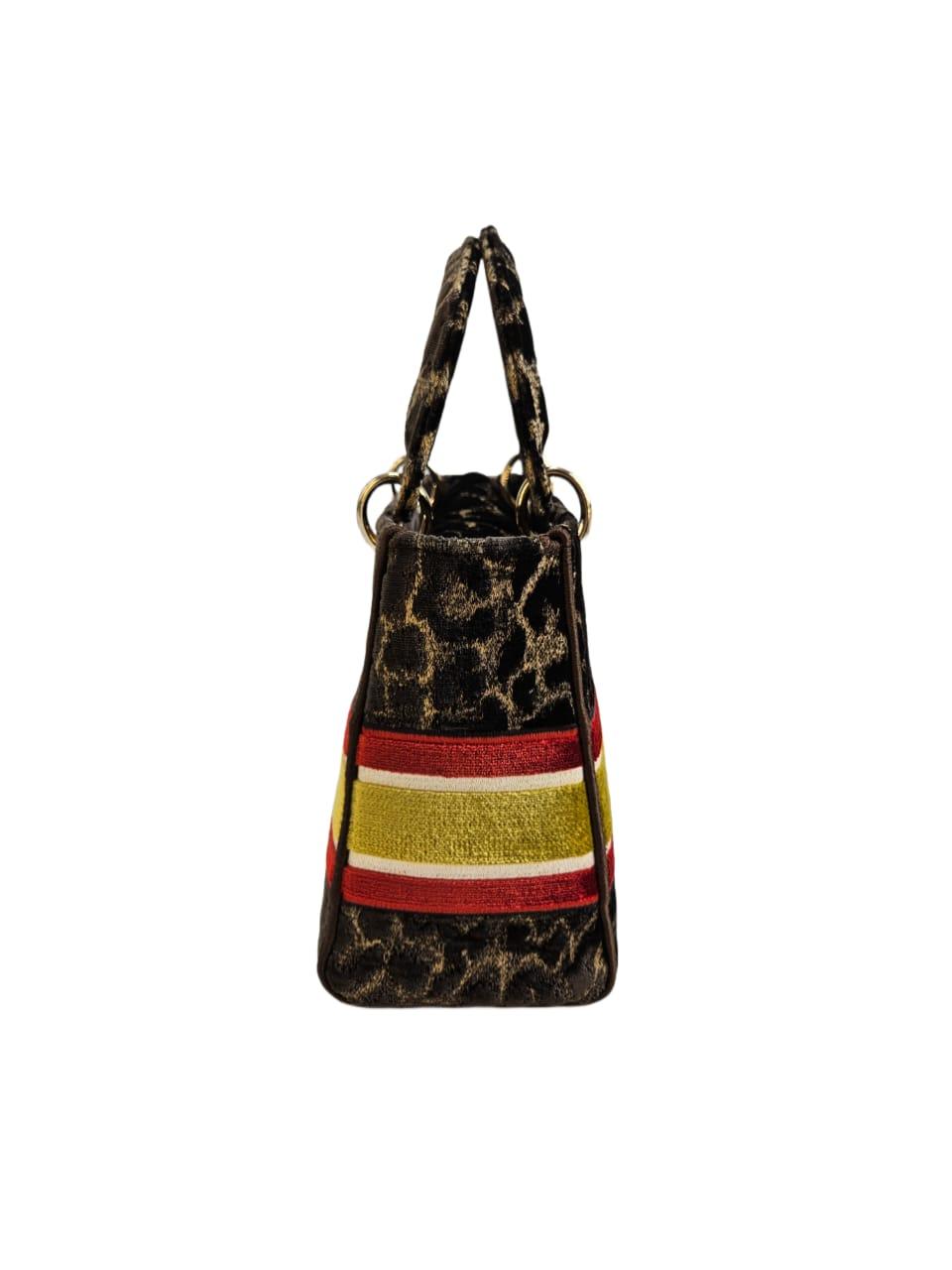 Christian Dior Brown Velvet Medium Mizza Leopard Embroidered Lady D-Lite Tote