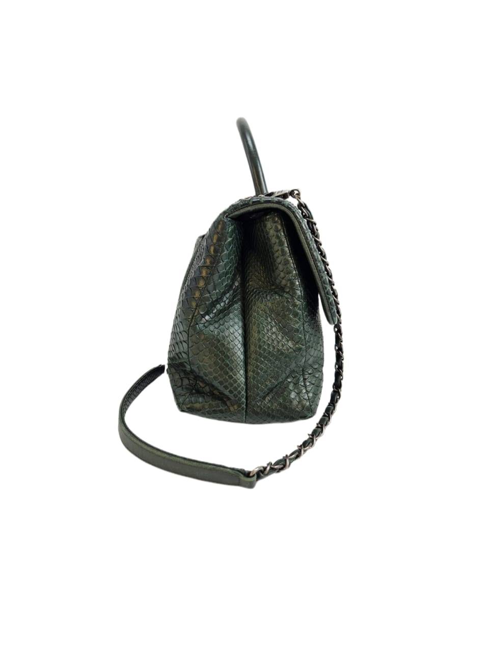 Chanel Green Python Medium Coco Top Handle Bag Ruthenium Hardware