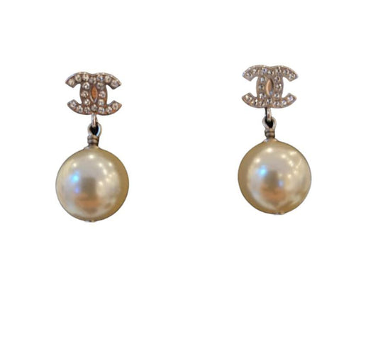 Chanel CC Crystal  Embelished & Big   Faux Pearls  Stud Earring